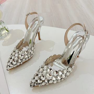 Xajzpa Elegant Pointed Toe Slingback Stiletto Sandals Crystal Diamonds Women Pumps High Heels Wedding Prom Shoes Zapatos Mujer